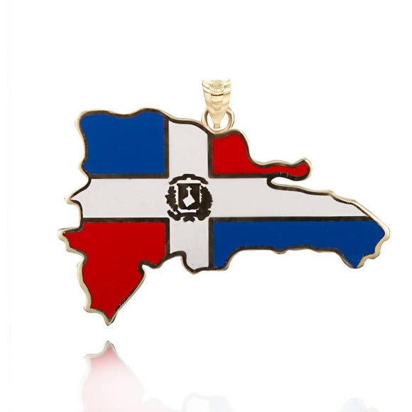 Solid 10k Gold Map of Dominican Republic Flag Enamel Pendant